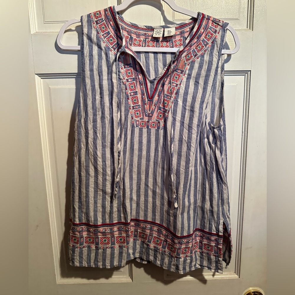 Artisan Ny Blue & White Striped Sleeveless Tunic with Red Embroidered Trim